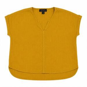 Tahari linen short sleeve flowy gauzy boho top in mustard yellow. Women L